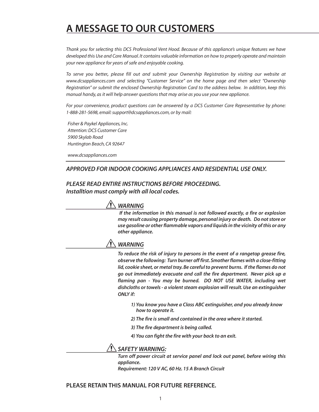 DCS VS36, VS30, VS48, ES36, ES30, VS1236 manual Message to OUR Customers, Please Retain this Manual for Future Reference 