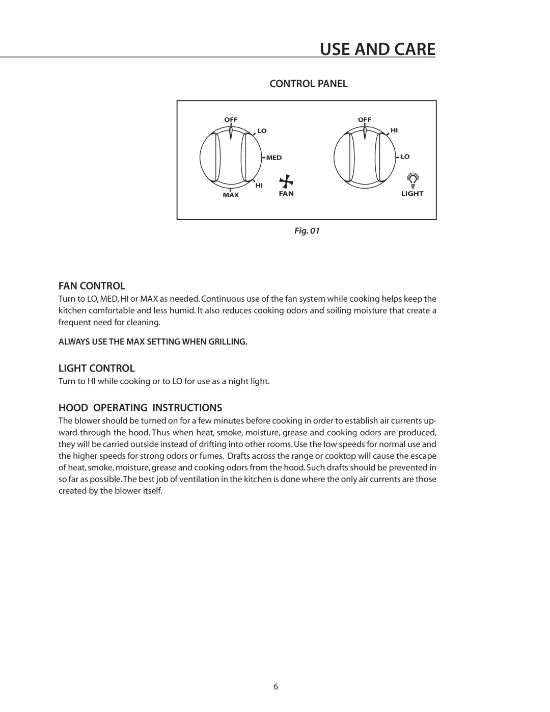 DCS VS48, VS30, VS36, ES36, ES30, VS1236 manual Control Panel, FAN Control, Light Control, Hood Operating Instructions 