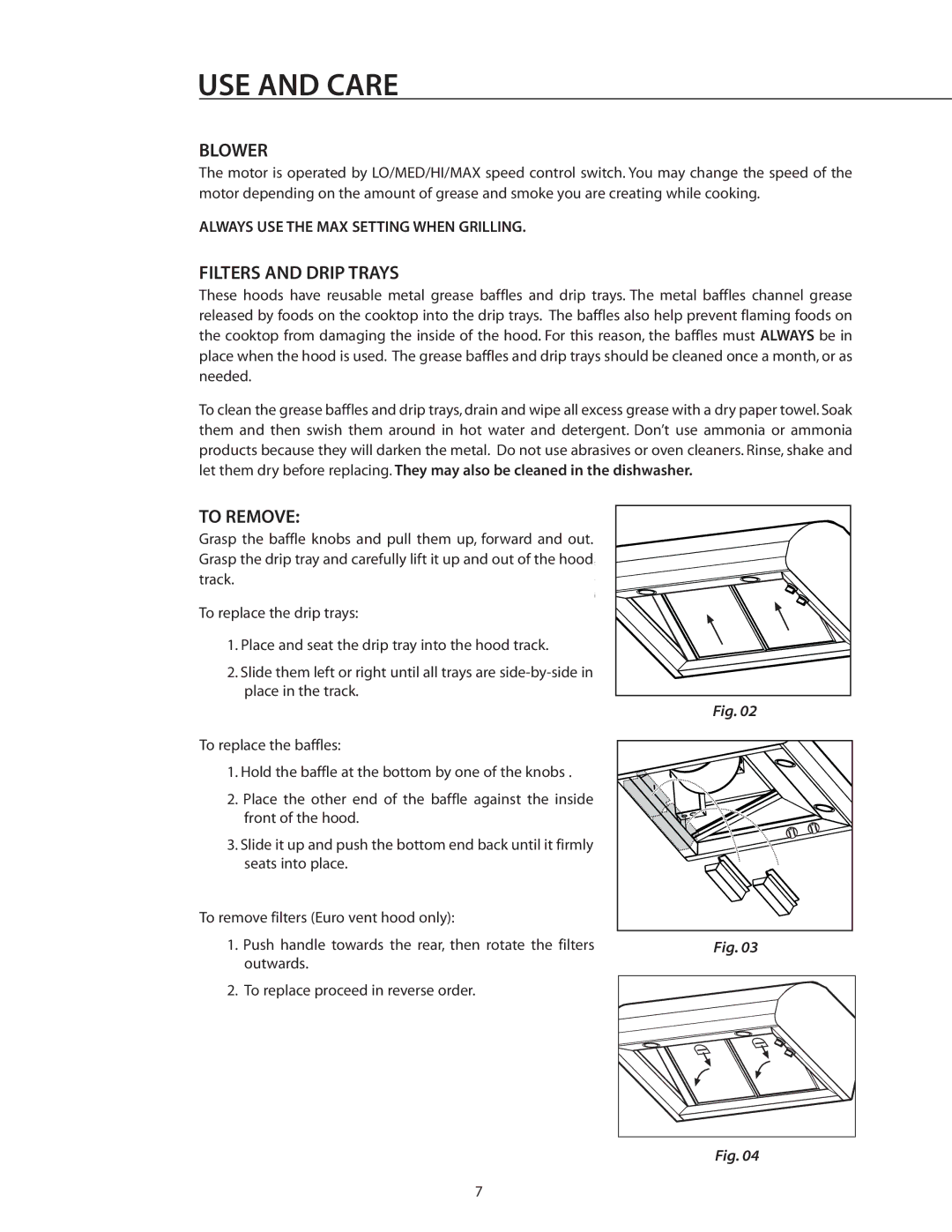 DCS VS36, VS30, VS48, ES36, ES30, VS1236 manual USE and Care, Blower, Filters and Drip Trays, To Remove 