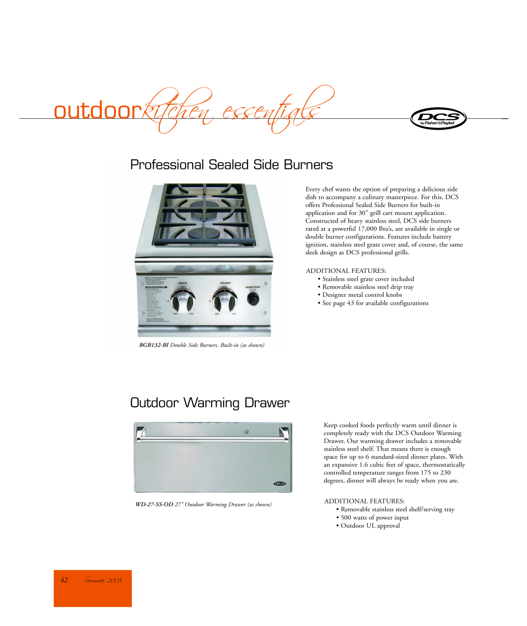 DCS WD-27-SS-OD manual Summer, outdoorkitchen essentials, Professional Sealed Side Burners, Outdoor Warming Drawer 