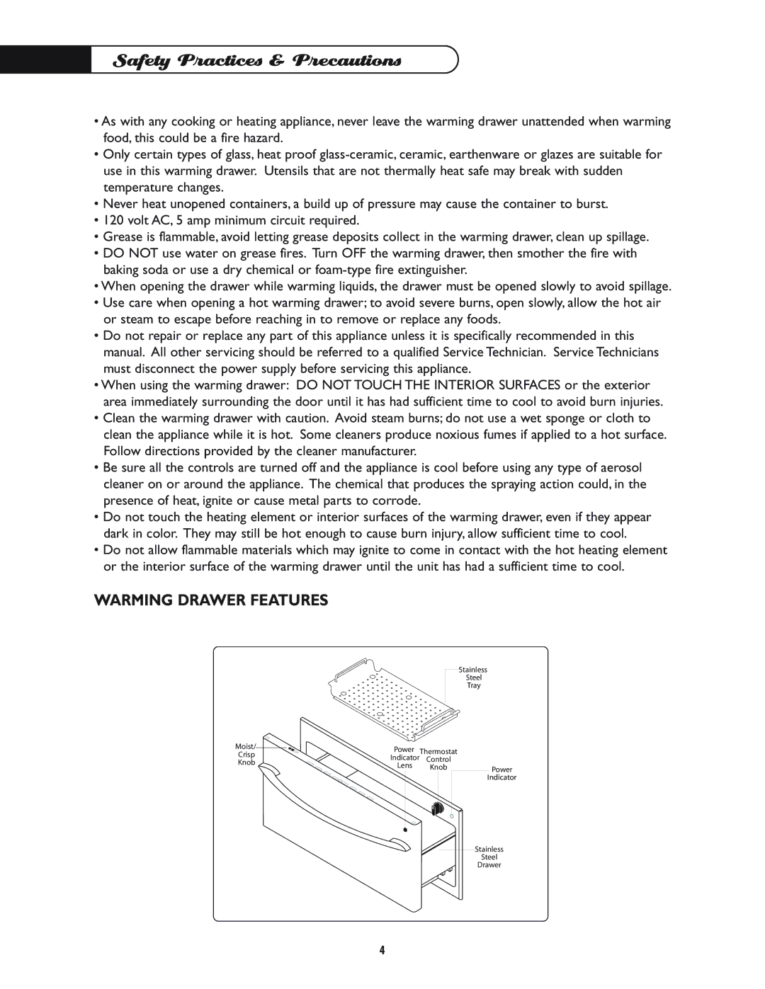 DCS WD-30-BL manual Warming Drawer Features 