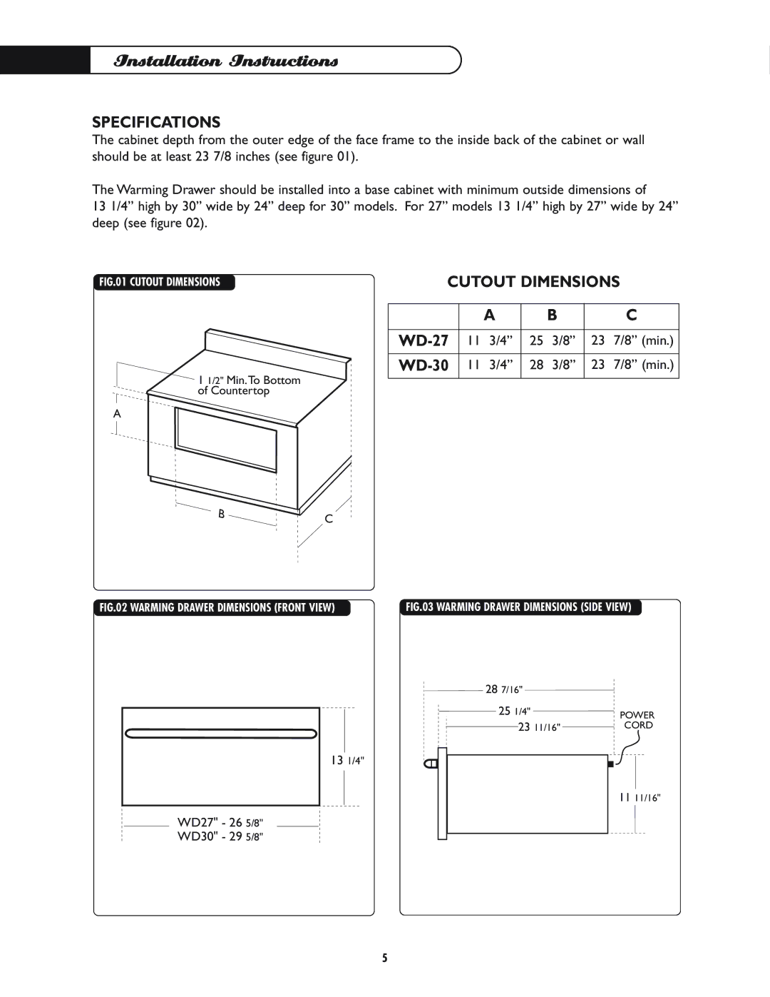 DCS WD-30-BL manual Installation Instructions, Specifications, Cutout Dimensions 