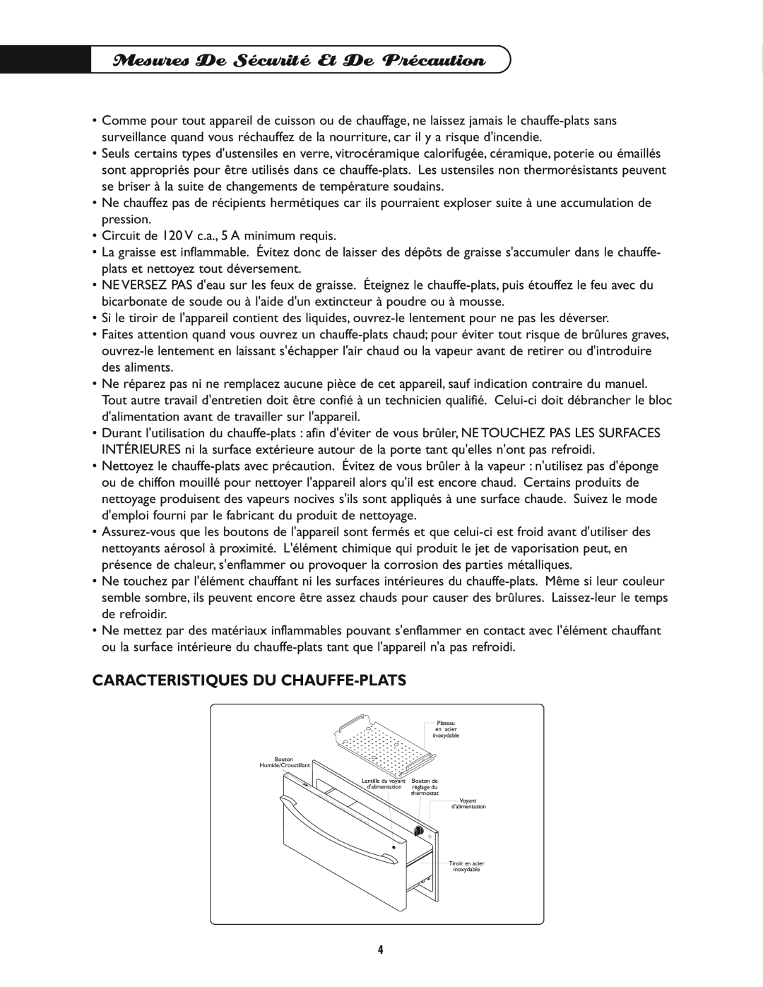 DCS WD-30-BL manual Mesures De Sécurité Et De Précaution, Caracteristiques Du Chauffe-Plats 