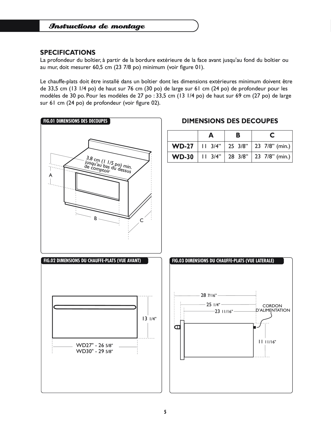 DCS WD-30-BL manual Instructions de montage, Dimensions Des Decoupes, Specifications, WD-27 