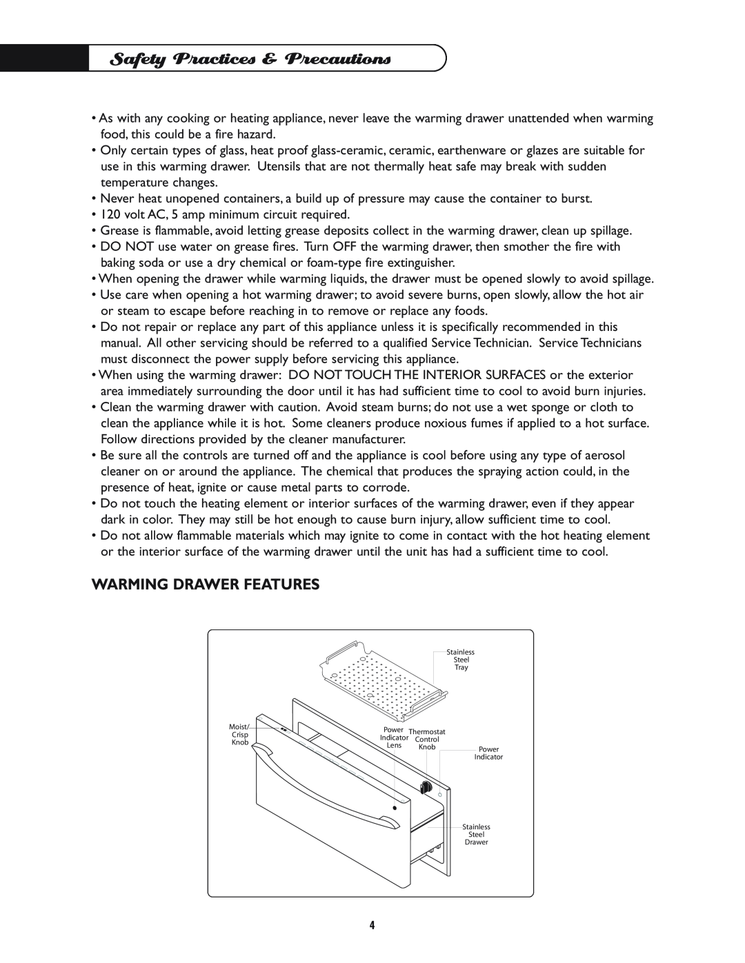 DCS WD-30-BL manual Warming Drawer Features, Safety Practices & Precautions 