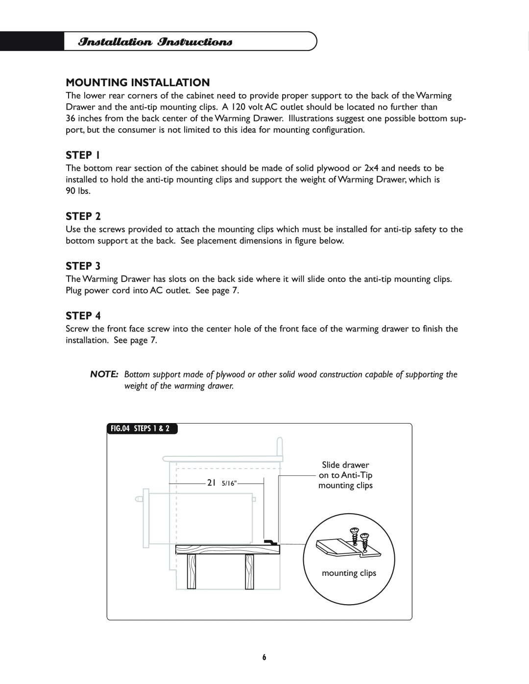 DCS WD-30-BL manual Mounting Installation, Step, Installation Instructions 