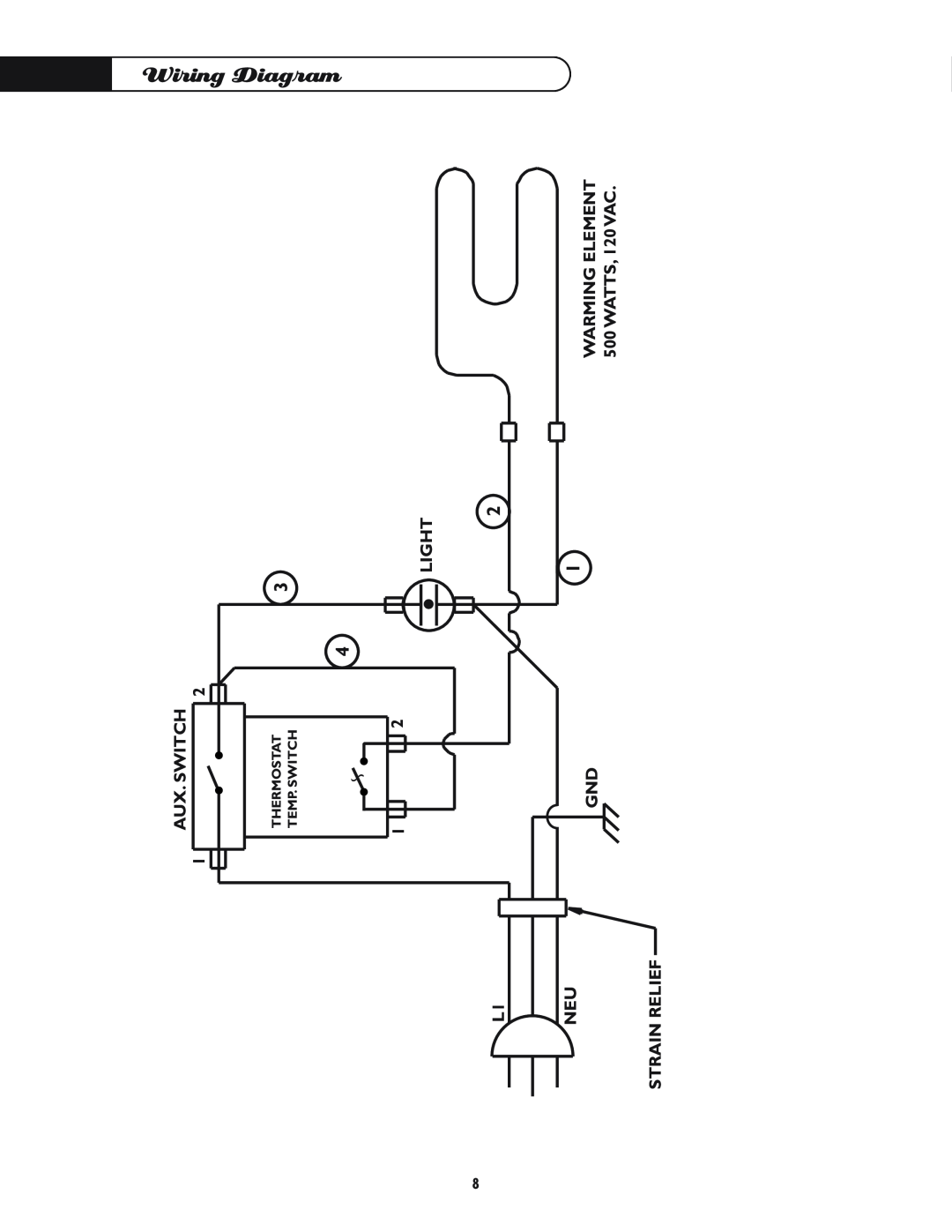 DCS WD-30-BL manual Wiring Diagram, Aux. Switch, Light, Gnd Strain Relief, WARMING ELEMENT 500 WATTS, 120 VAC 