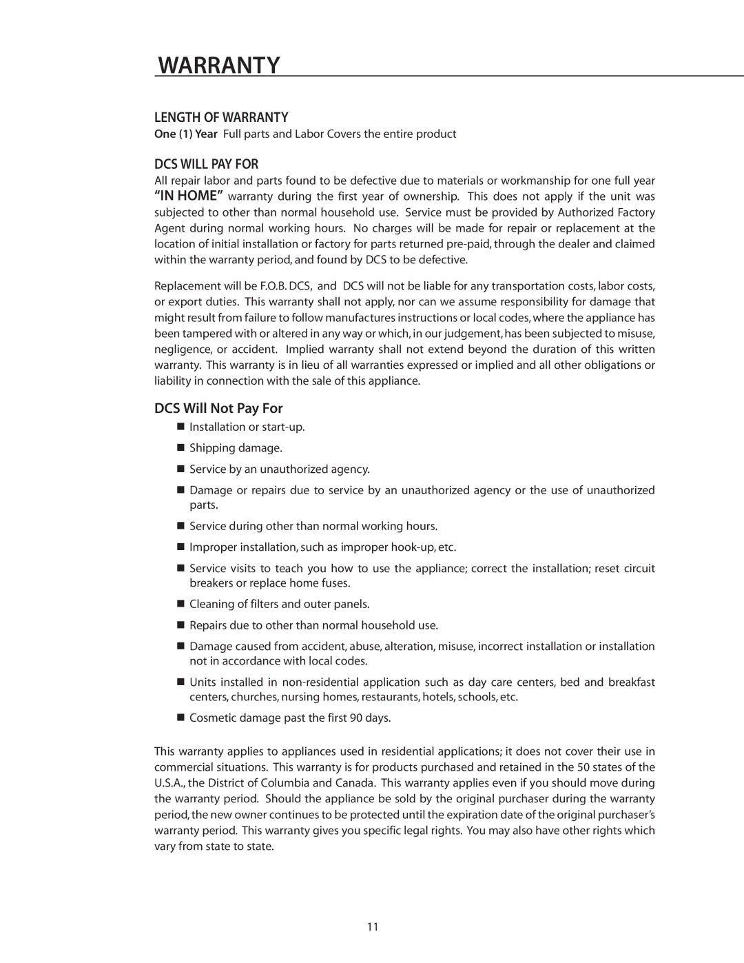 DCS WDI, WDS-27, WDS-30 manual Length of Warranty, DCS will PAY for 