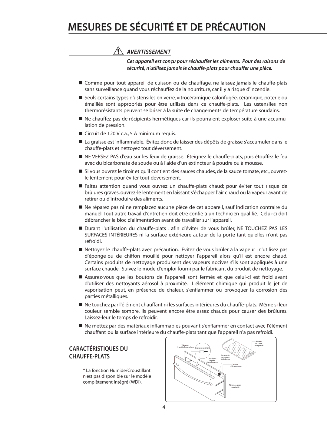 DCS WDI, WDS-27, WDS-30 manual Caractéristiques DU CHAUFFE-PLATS 