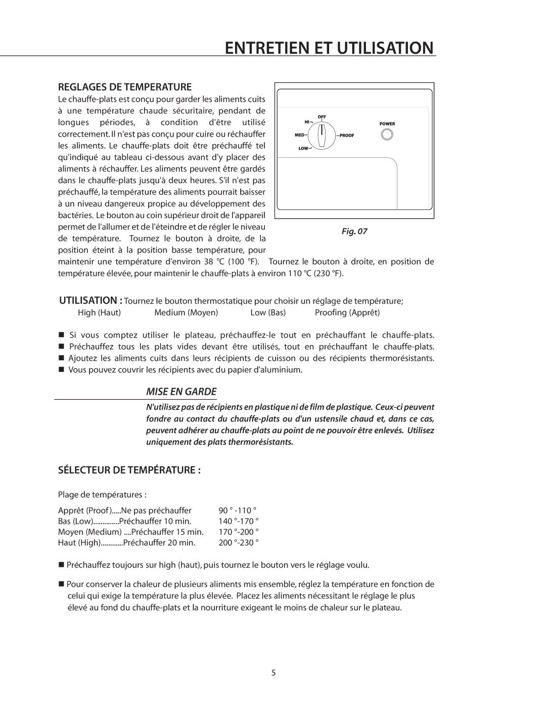 DCS WDS-27, WDI, WDS-30 manual Entretien ET Utilisation, Reglages DE Temperature, Sélecteur DE Température 