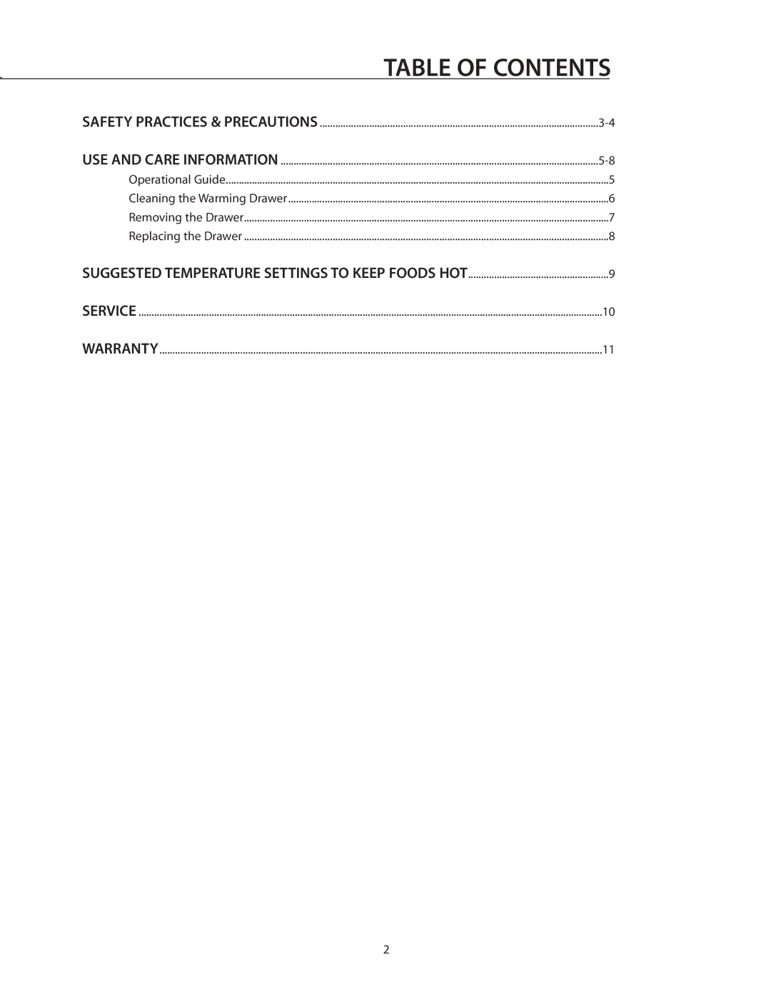 DCS WDI, WDS-27, WDS-30 manual Table of Contents 