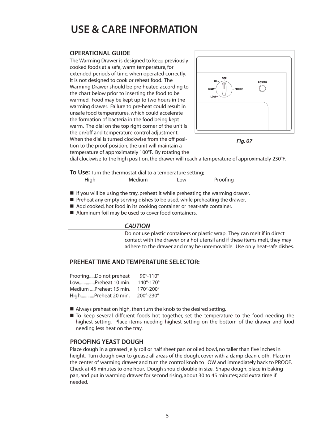 DCS WDI, WDS-27 USE & Care Information, Operational Guide, Preheat Time and Temperature Selector, Proofing Yeast Dough 