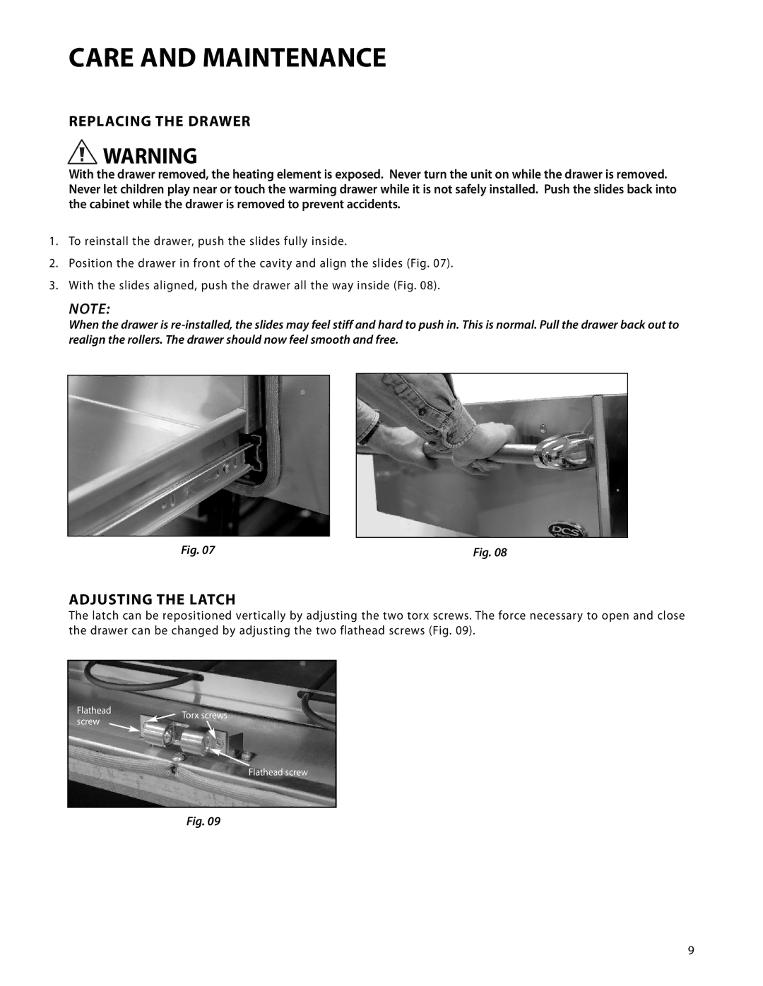 DCS WDTI, WDT-30 manual Replacing the Drawer, Adjusting the Latch 