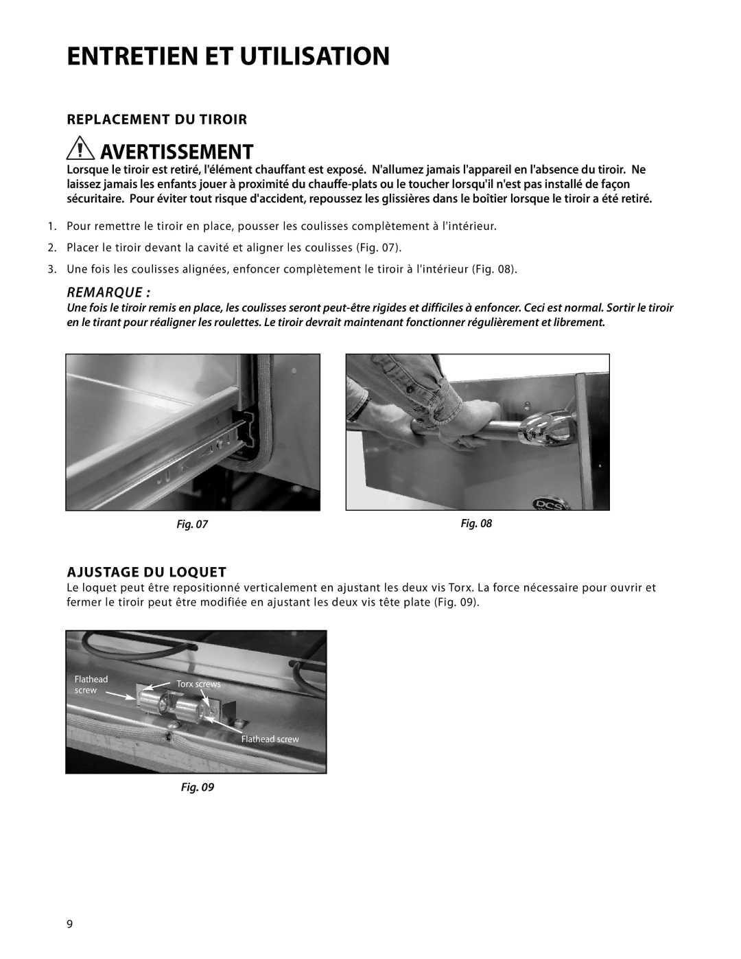 DCS WDT-30, WDTI manual Replacement DU Tiroir, Remarque, Ajustage DU Loquet 