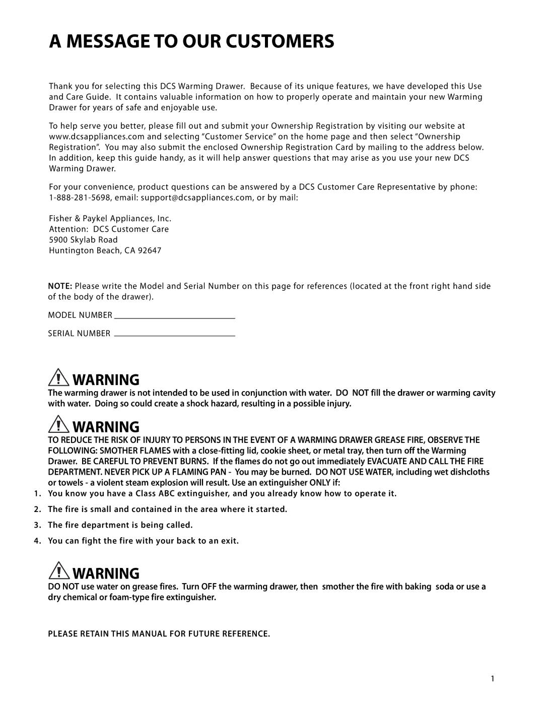 DCS WDTI, WDT-30 manual Message to OUR Customers 