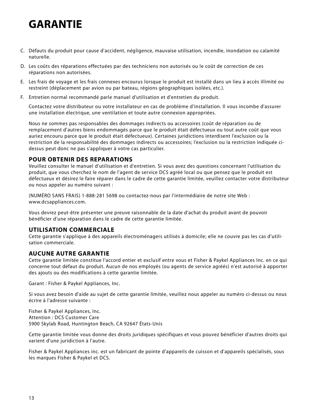 DCS WDT-30, WDTI manual Pour Obtenir DES Reparations, Utilisation Commerciale, Aucune Autre Garantie 