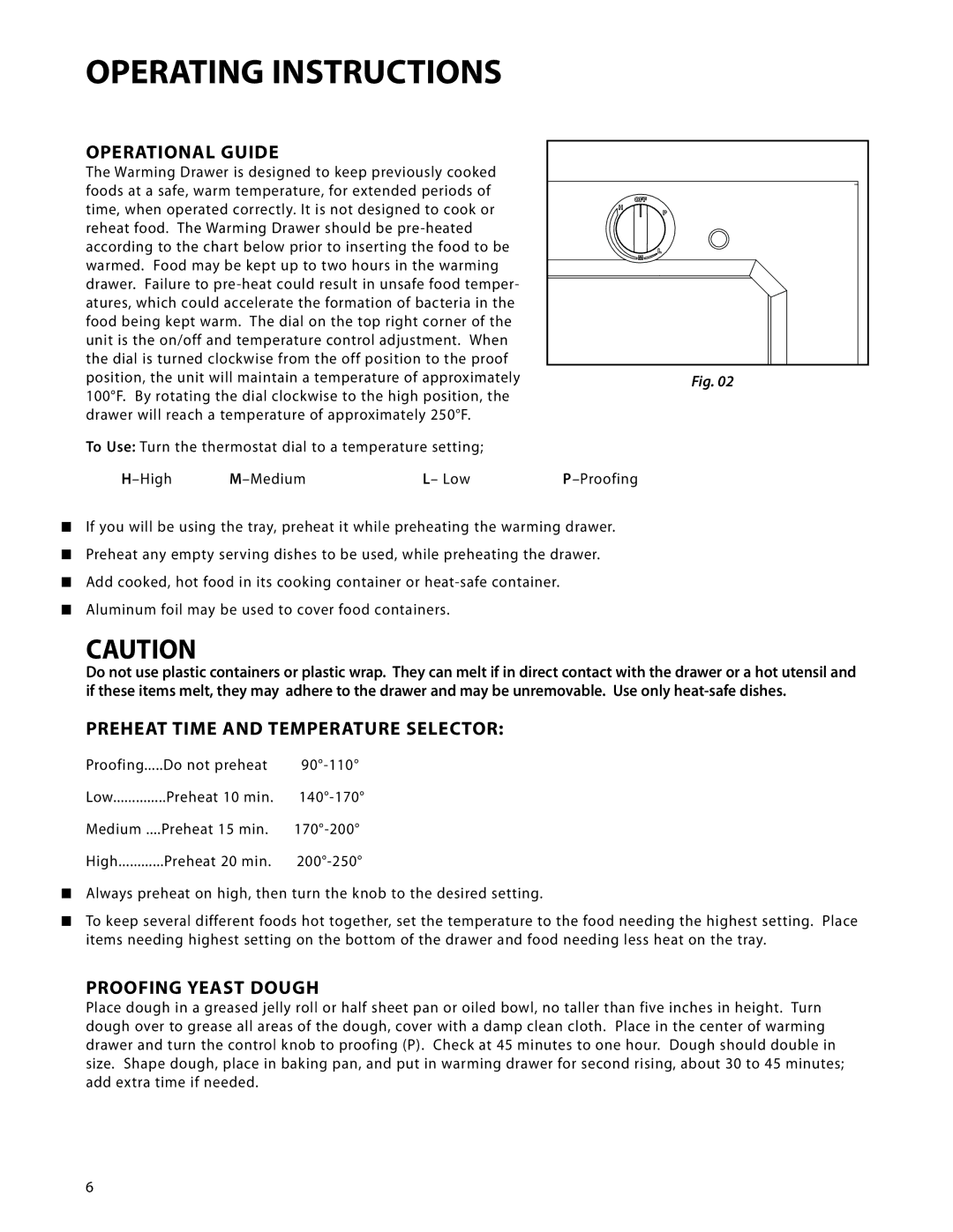 DCS WDT-30, WDTI Operating Instructions, Operational Guide, Preheat Time and Temperature Selector, Proofing Yeast Dough 