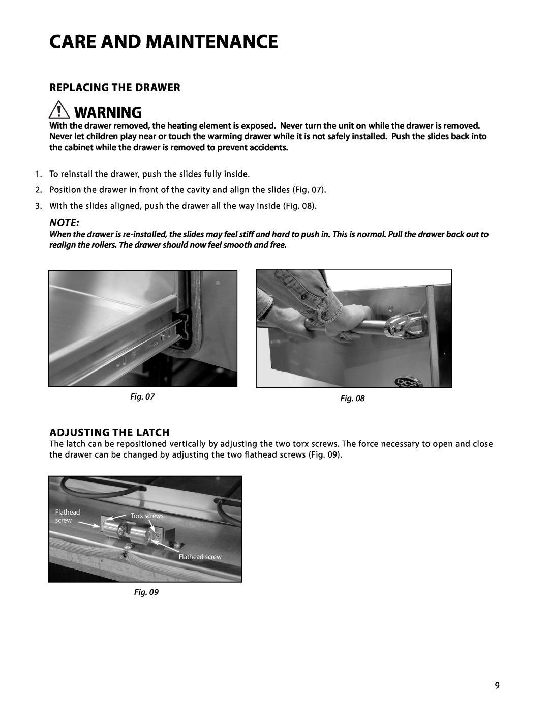 DCS WDTI, WDT-30 manual Care And Maintenance, Replacing The Drawer, Adjusting The Latch 