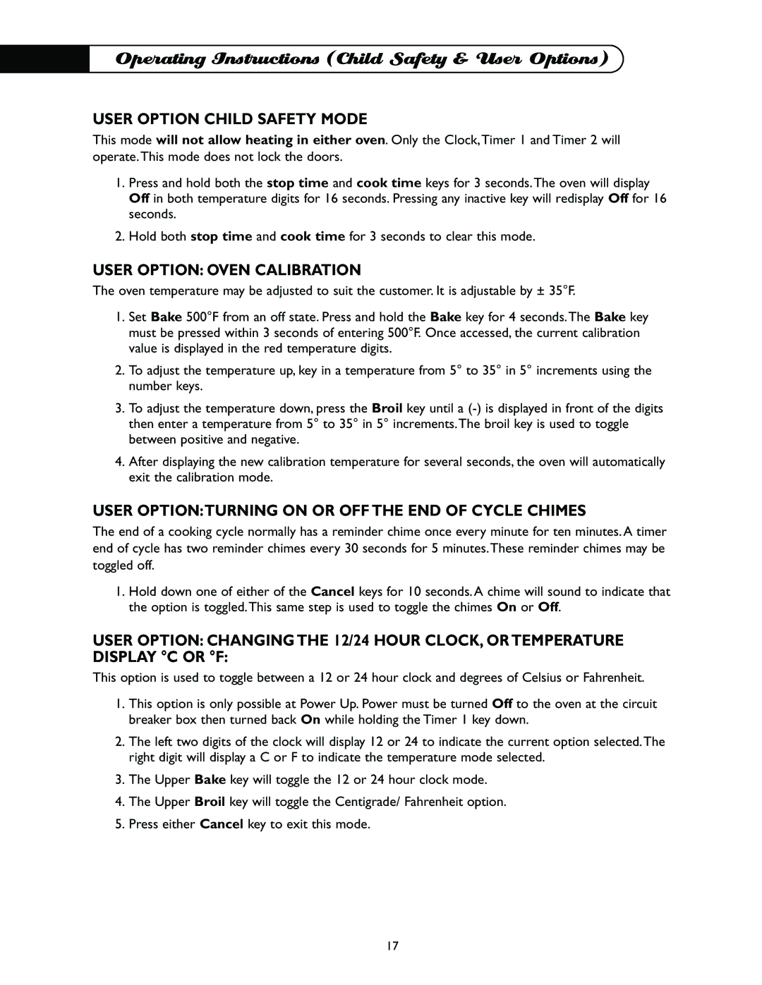 DCS WO-127PL, WO-230BL, WO-230GN, WO-230WT Operating Instructions Child Safety & User Options, User Option Child Safety Mode 