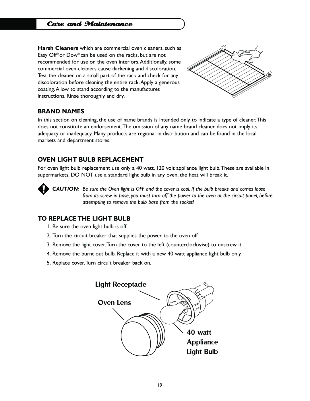 DCS WO-130BK, WO-230BL, WO-230GN, WO-230WT, WO-227SS manual Brand Names, Oven Light Bulb Replacement, To Replace the Light Bulb 