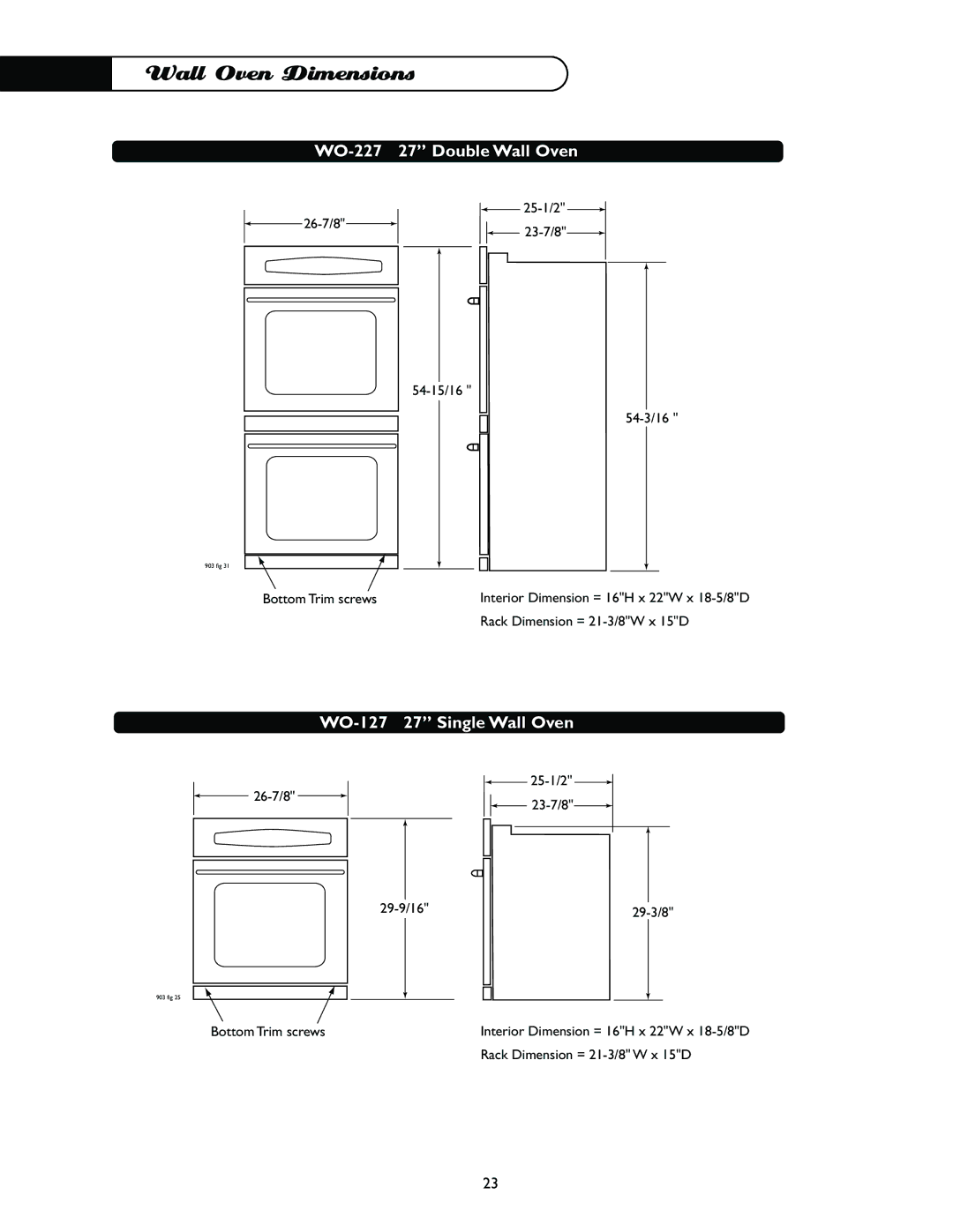 DCS WO-230BL, WO-230GN, WO-230WT, WO-227SS, WO-230BK, WO-230PL, WO-230SS manual Wall Oven Dimensions, WO-227 27 Double Wall Oven 