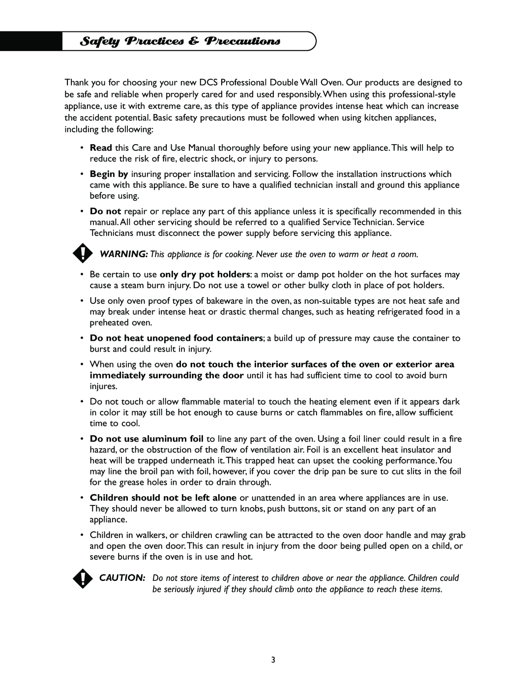 DCS WO-230BK, WO-230BL, WO-230GN, WO-230WT, WO-227SS, WO-230PL, WO-230SS, WO-227WT, WO-227BK manual Safety Practices & Precautions 