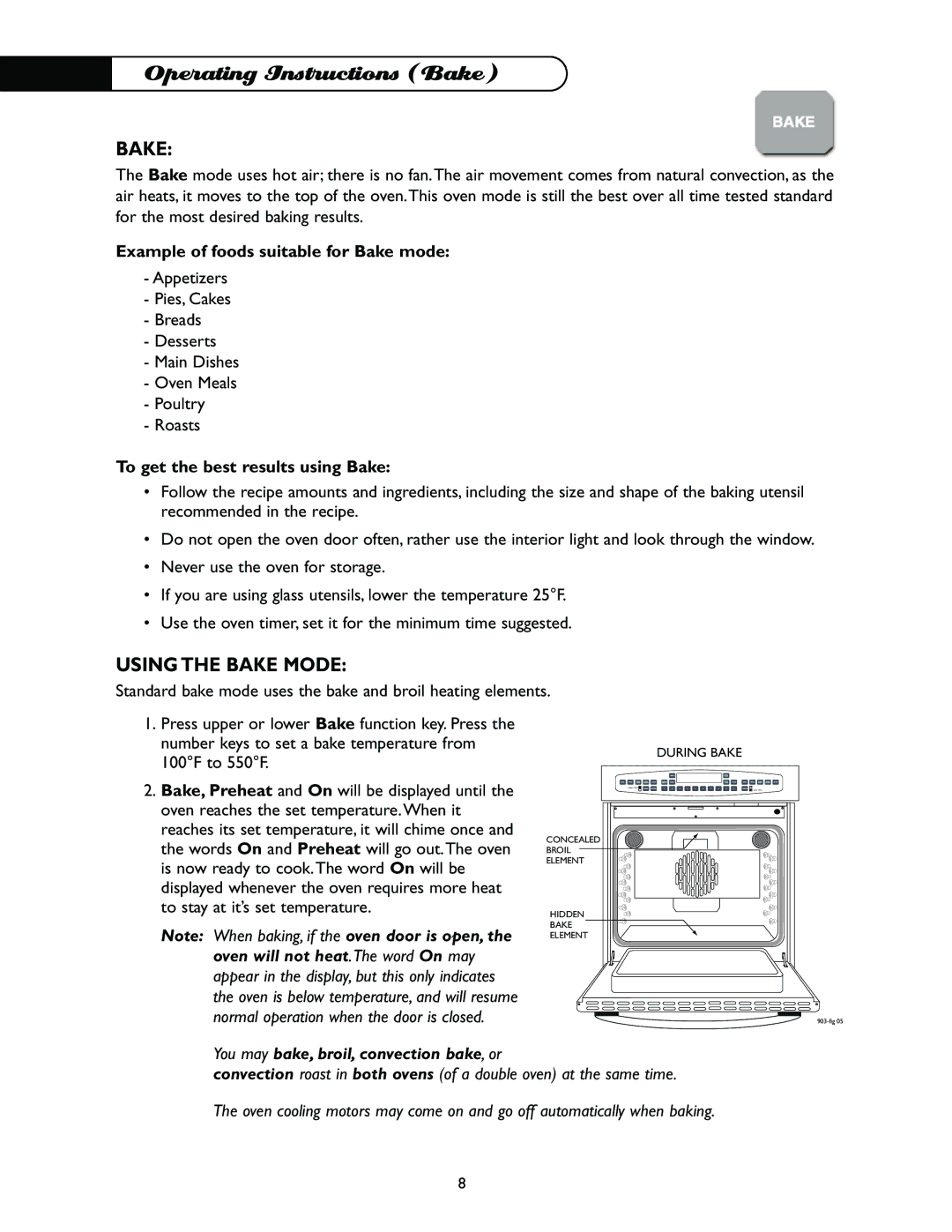 DCS WO-130BL, WO-230BL, WO-230GN Operating Instructions Bake, Using the Bake Mode, Example of foods suitable for Bake mode 