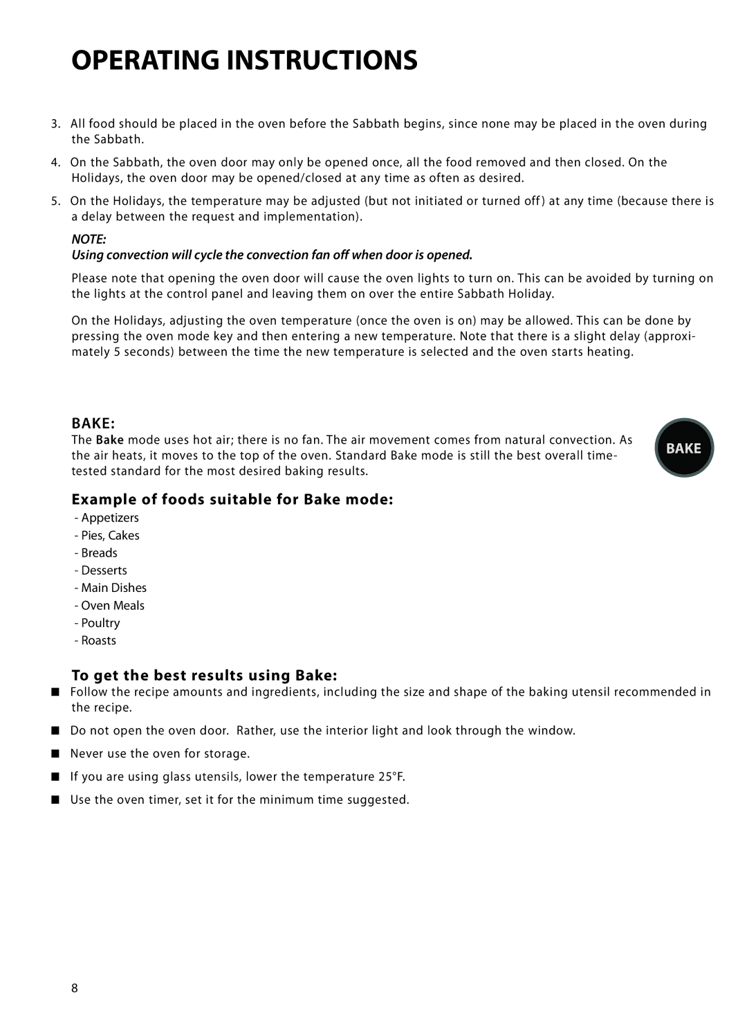 DCS WOT-127, WOT-230, WOTD-230, WOTD-227 Example of foods suitable for Bake mode, To get the best results using Bake 