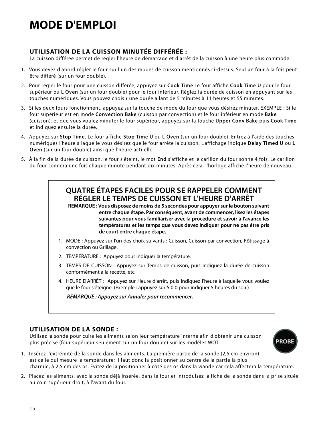 DCS WOT-230, WOTD-230, WOTD-227, WOT-227, WOT-127, WOT-130 Utilisation DE LA Cuisson Minutée Différée, Utilisation DE LA Sonde 