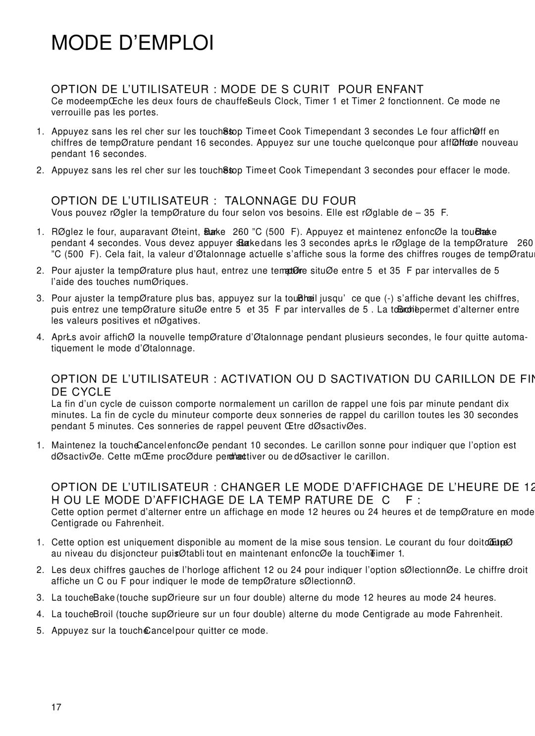 DCS WOTD-227, WOT-230 manual Option DE Lutilisateur Mode DE Sécurité Pour Enfant, Option DE Lutilisateur Étalonnage DU Four 