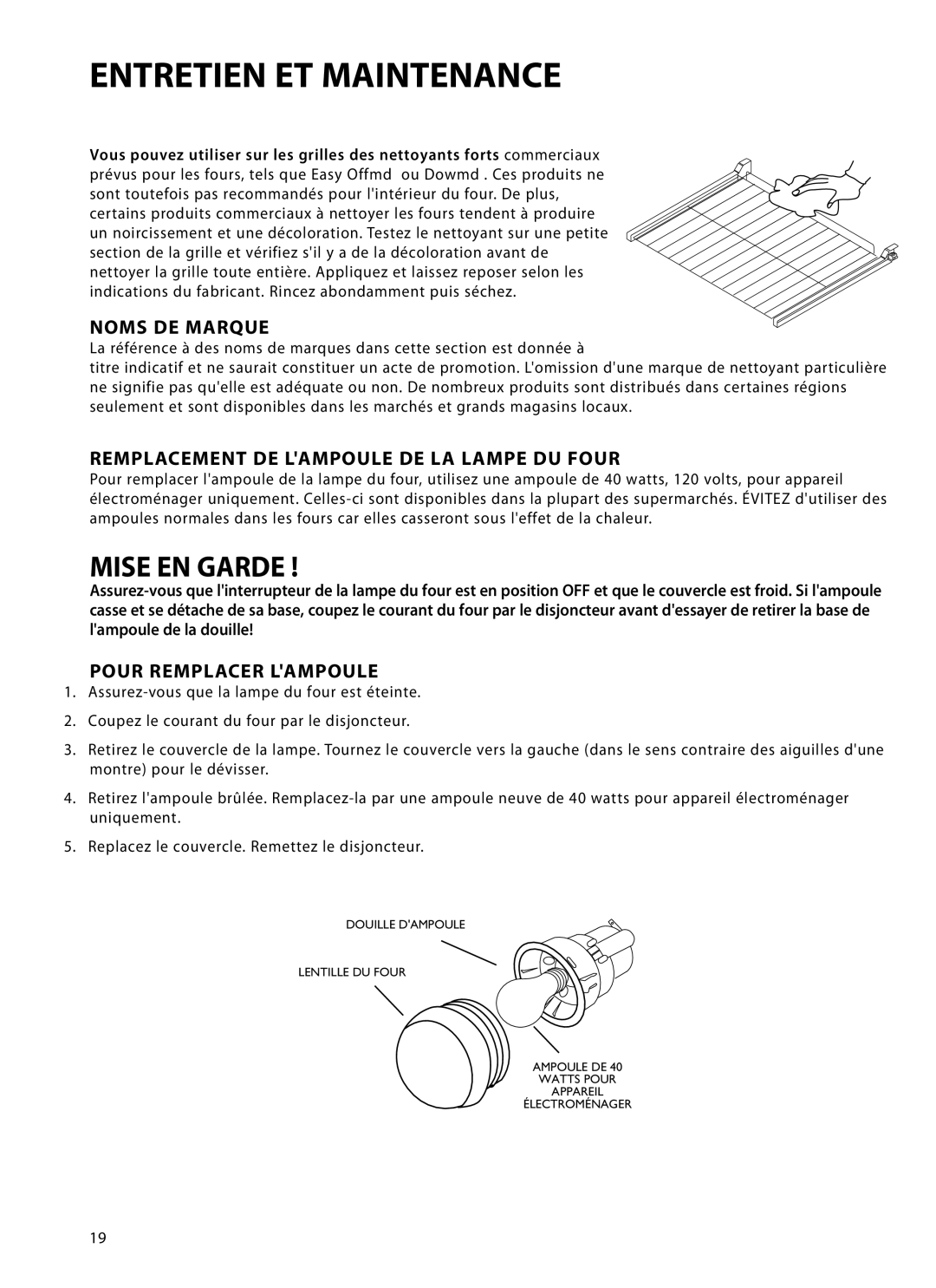 DCS WOT-127, WOT-230, WOTD-230 manual Noms DE Marque, Remplacement DE Lampoule DE LA Lampe DU Four, Pour Remplacer Lampoule 