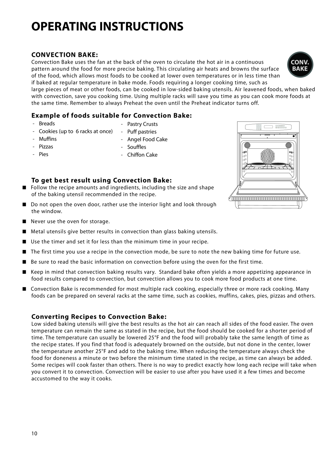 DCS WOT-230, WOTD-230, WOTD-227 Example of foods suitable for Convection Bake, To get best result using Convection Bake 