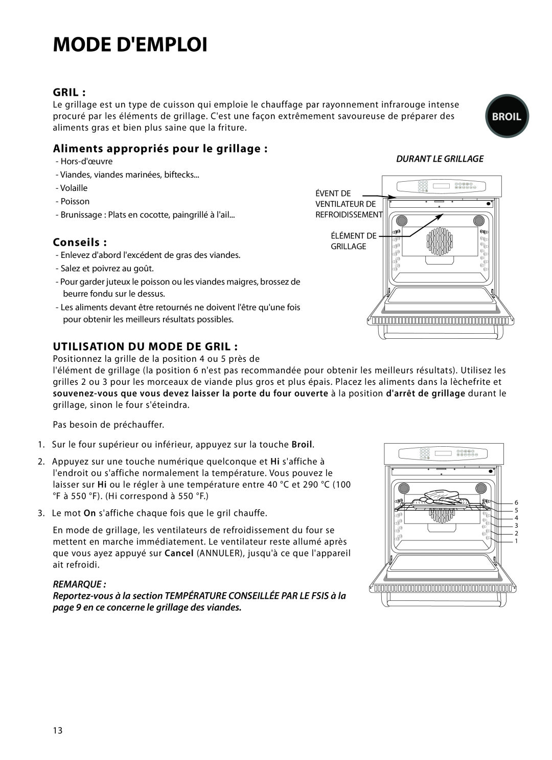 DCS WOT-127 manual Aliments appropriés pour le grillage, Conseils, Utilisation Du Mode De Gril, Mode Demploi, Remarque 