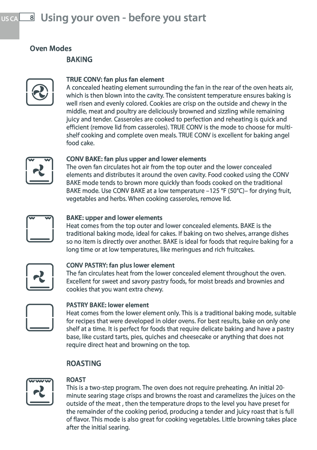 DCS WOUD-230 manual Using your oven - before you start, Oven Modes BAKING, Roasting, Us Ca, TRUE CONV fan plus fan element 