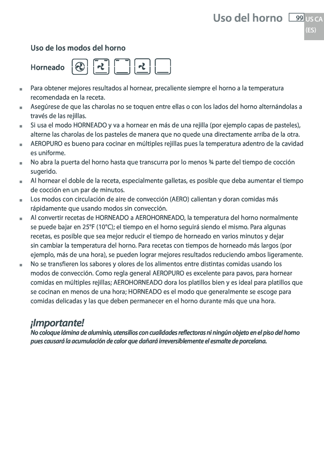 DCS WOU-130, WOUD-230 manual Uso del horno, ¡Importante, Uso de los modos del horno Horneado 