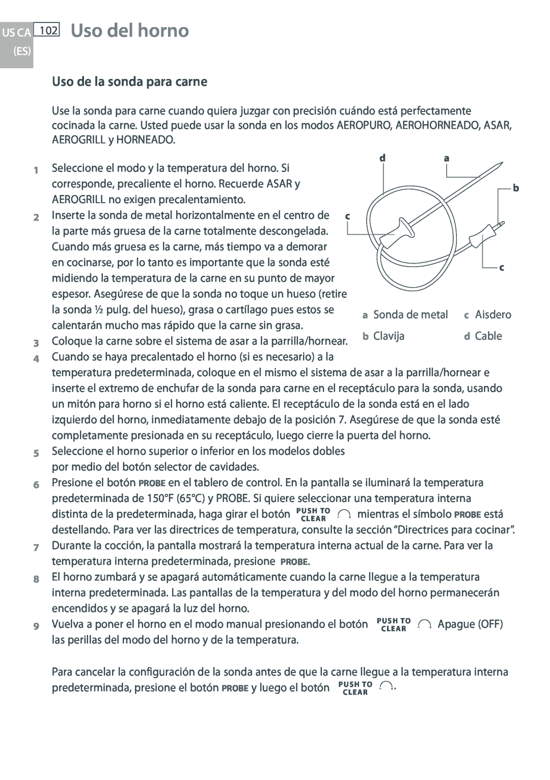 DCS WOUD-230 Uso del horno, Uso de la sonda para carne, Us Ca Es, las perillas del modo del horno y de la temperatura 