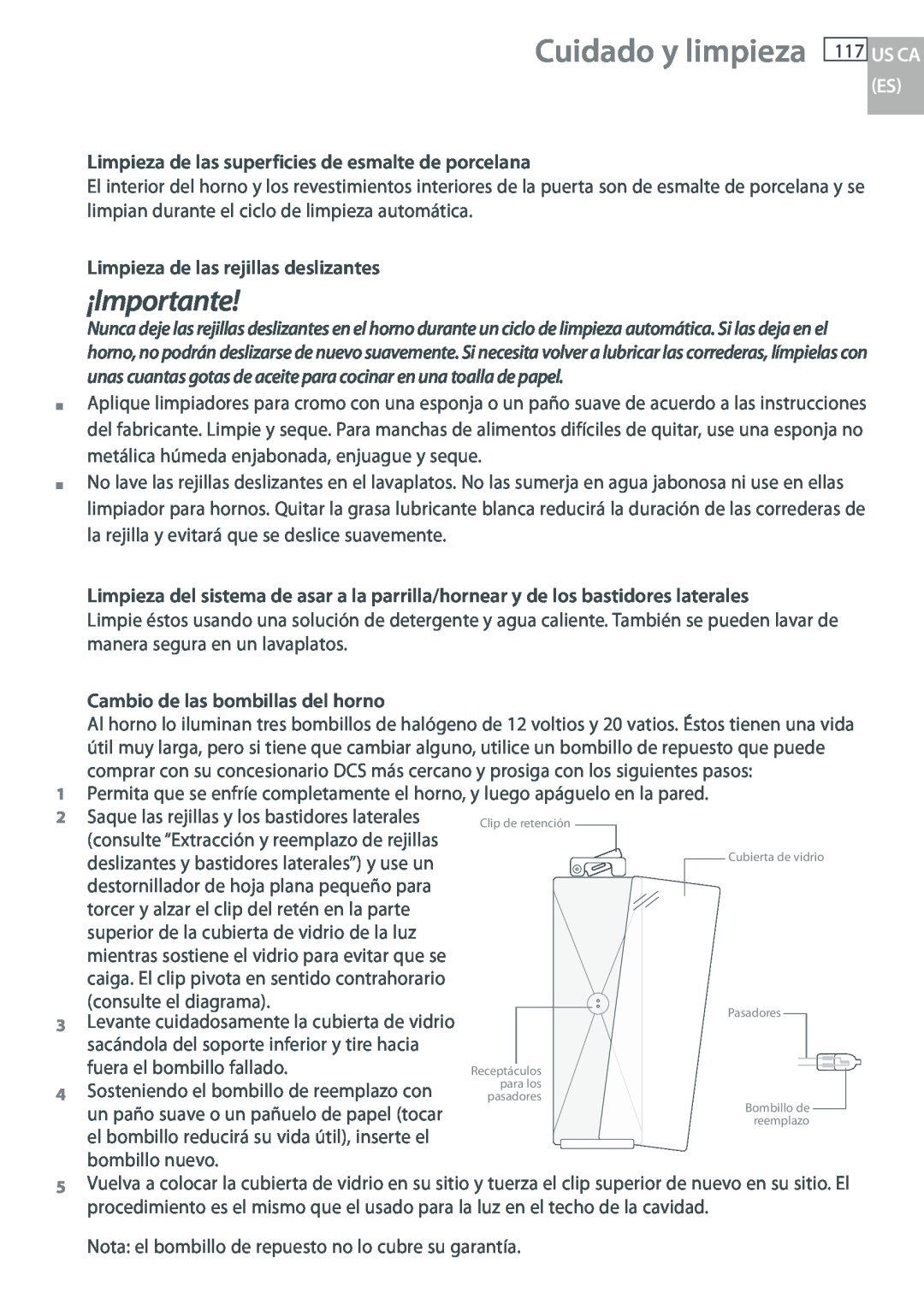 DCS WOU-130, WOUD-230 manual Cuidado y limpieza 117 US CA, ¡Importante, Limpieza de las superficies de esmalte de porcelana 