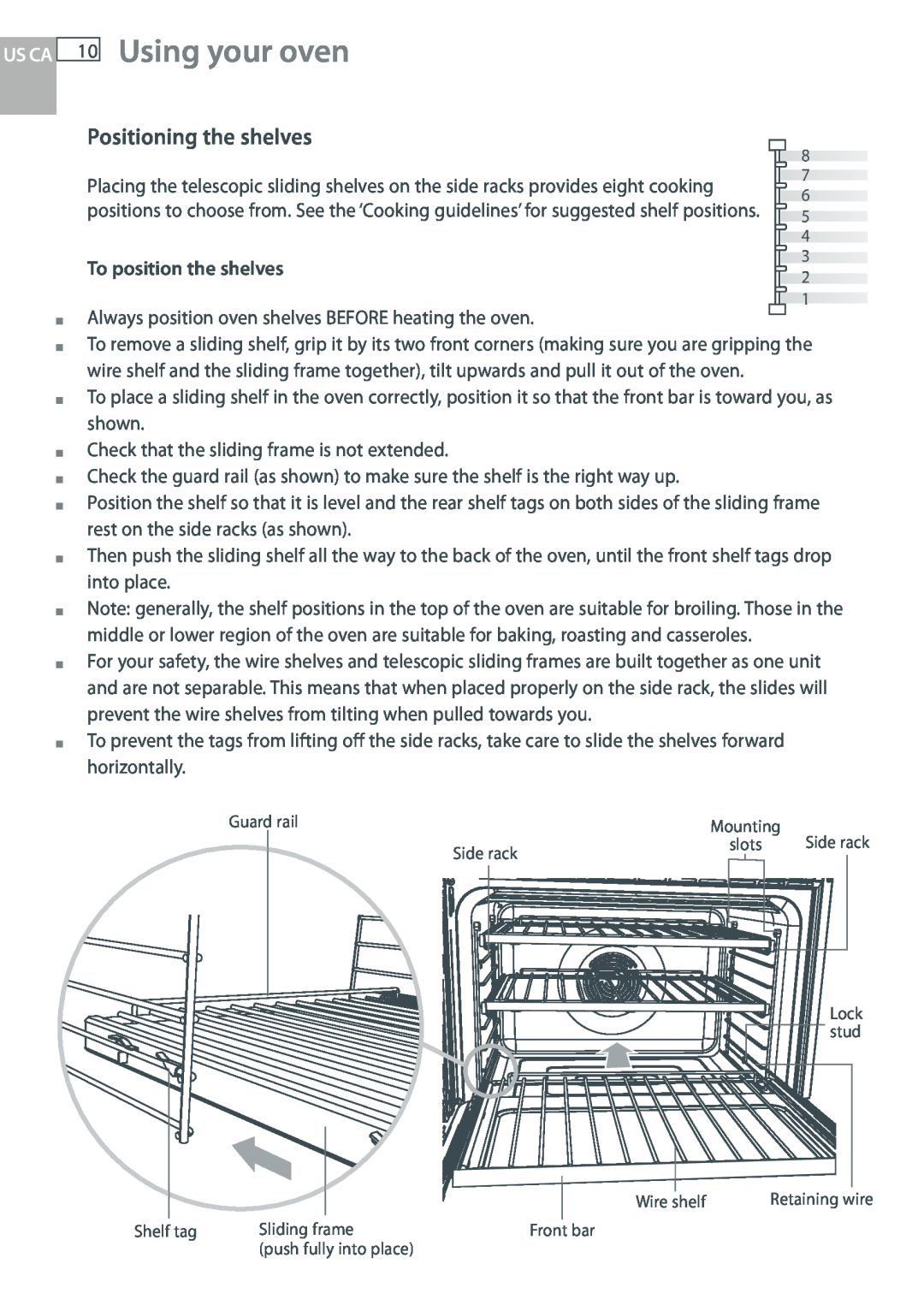 DCS WOUD-230, WOU-130 manual Using your oven, Positioning the shelves, Us Ca, To position the shelves 
