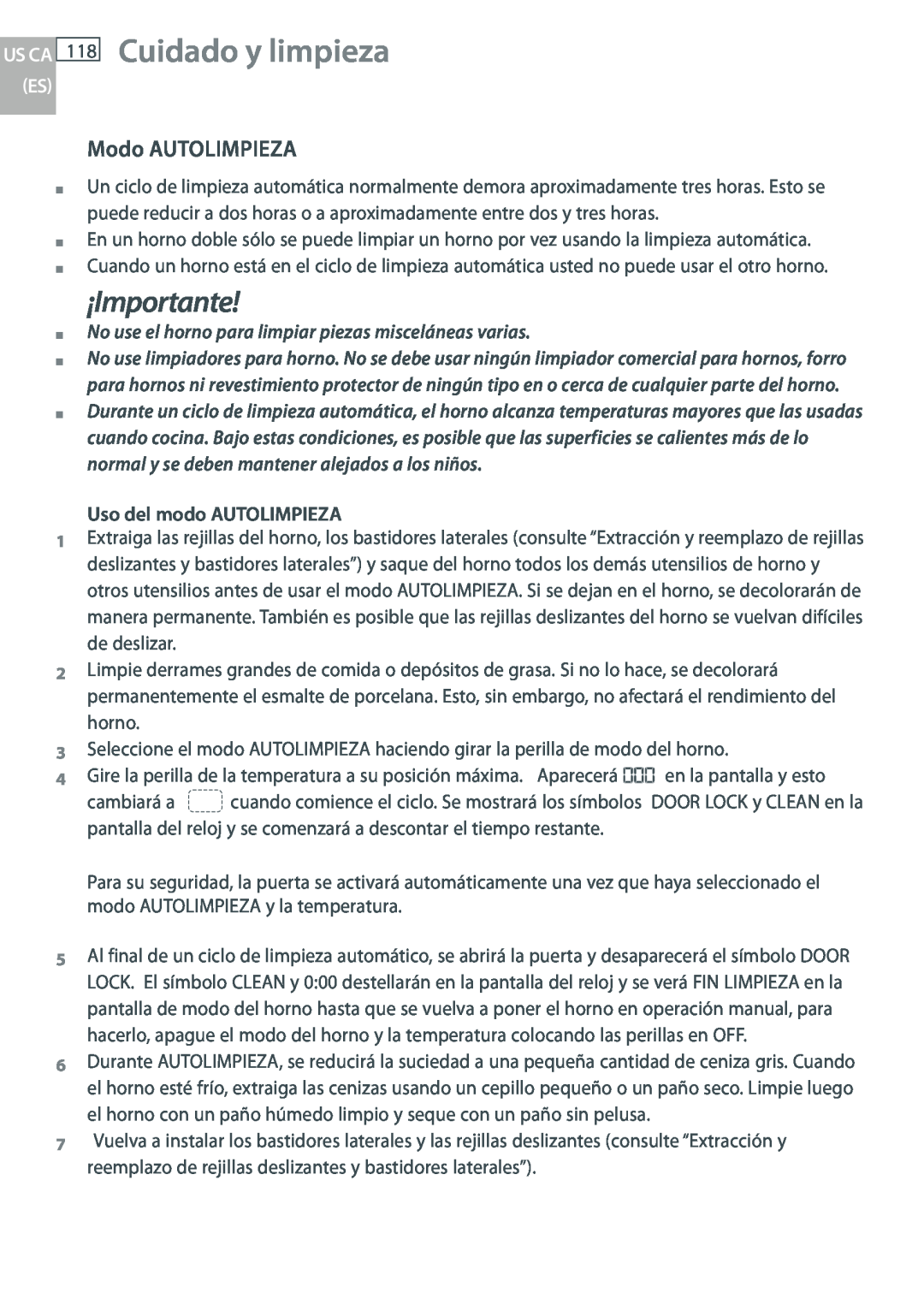 DCS WOUD-230, WOU-130 manual Cuidado y limpieza, ¡Importante, Modo AUTOLIMPIEZA, Us Ca Es, Uso del modo AUTOLIMPIEZA 