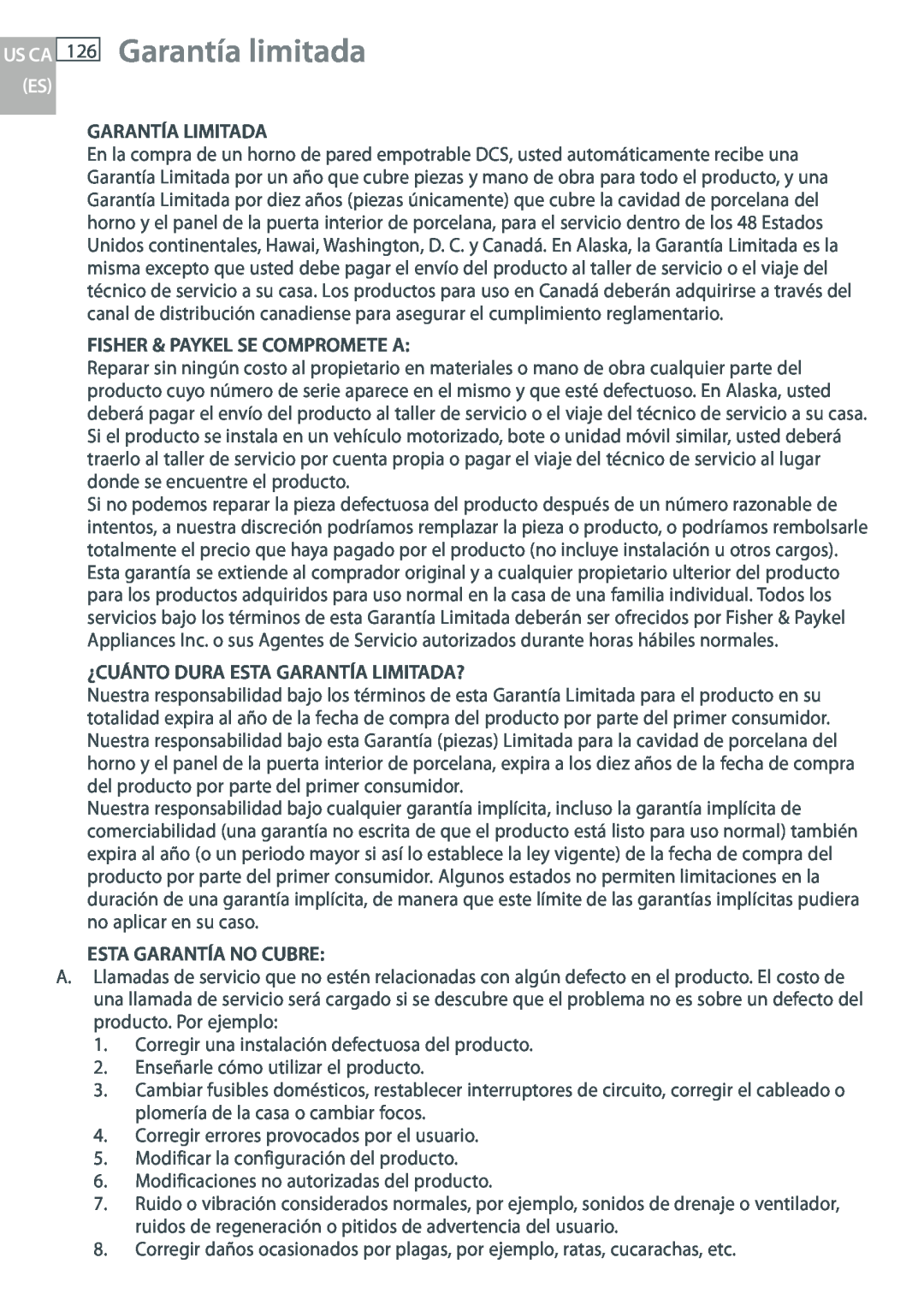 DCS WOUD-230 manual Garantía limitada, Us Ca Es, Garantía Limitada, Fisher & Paykel Se Compromete A, Esta Garantía No Cubre 