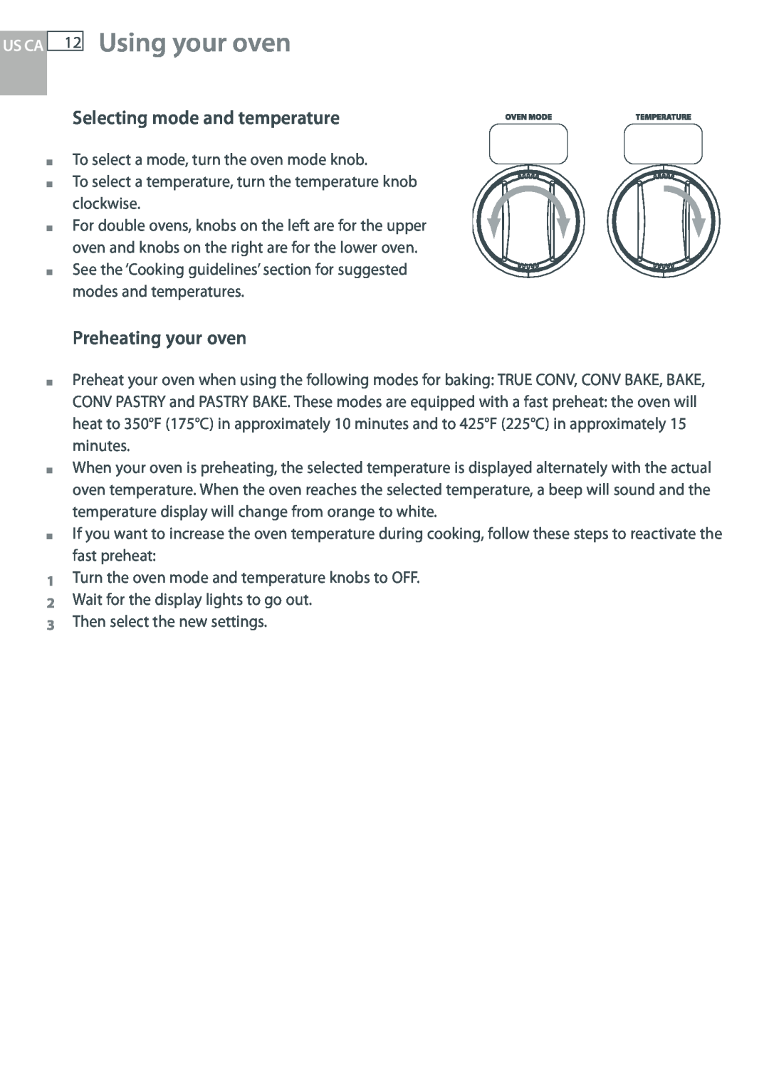 DCS WOUD-230, WOU-130 manual Using your oven, Selecting mode and temperature, Preheating your oven, Us Ca 