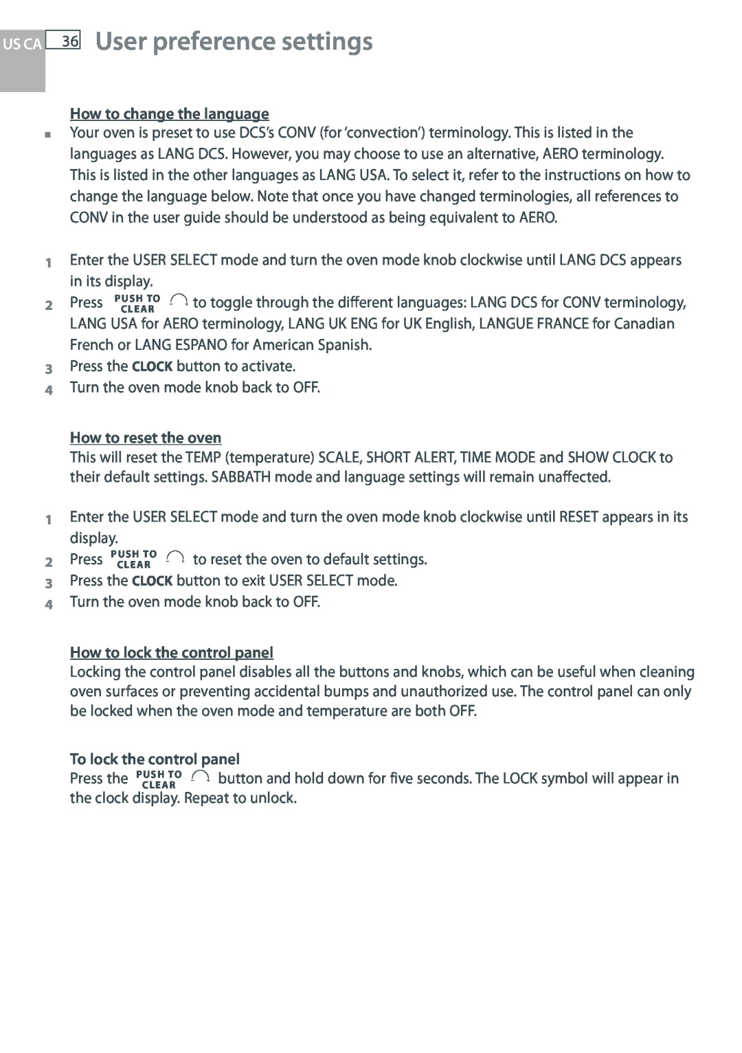 DCS WOUD-230, WOU-130 manual User preference settings, Us Ca, How to change the language, Press, How to reset the oven 