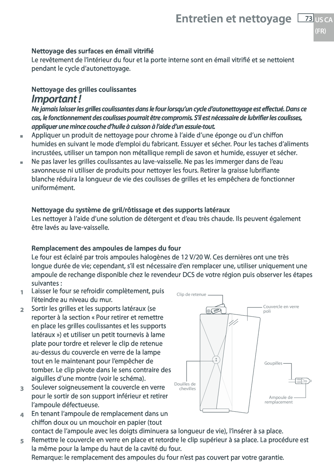 DCS WOU-130, WOUD-230 Entretien et nettoyage, Nettoyage des surfaces en émail vitrifié, Nettoyage des grilles coulissantes 