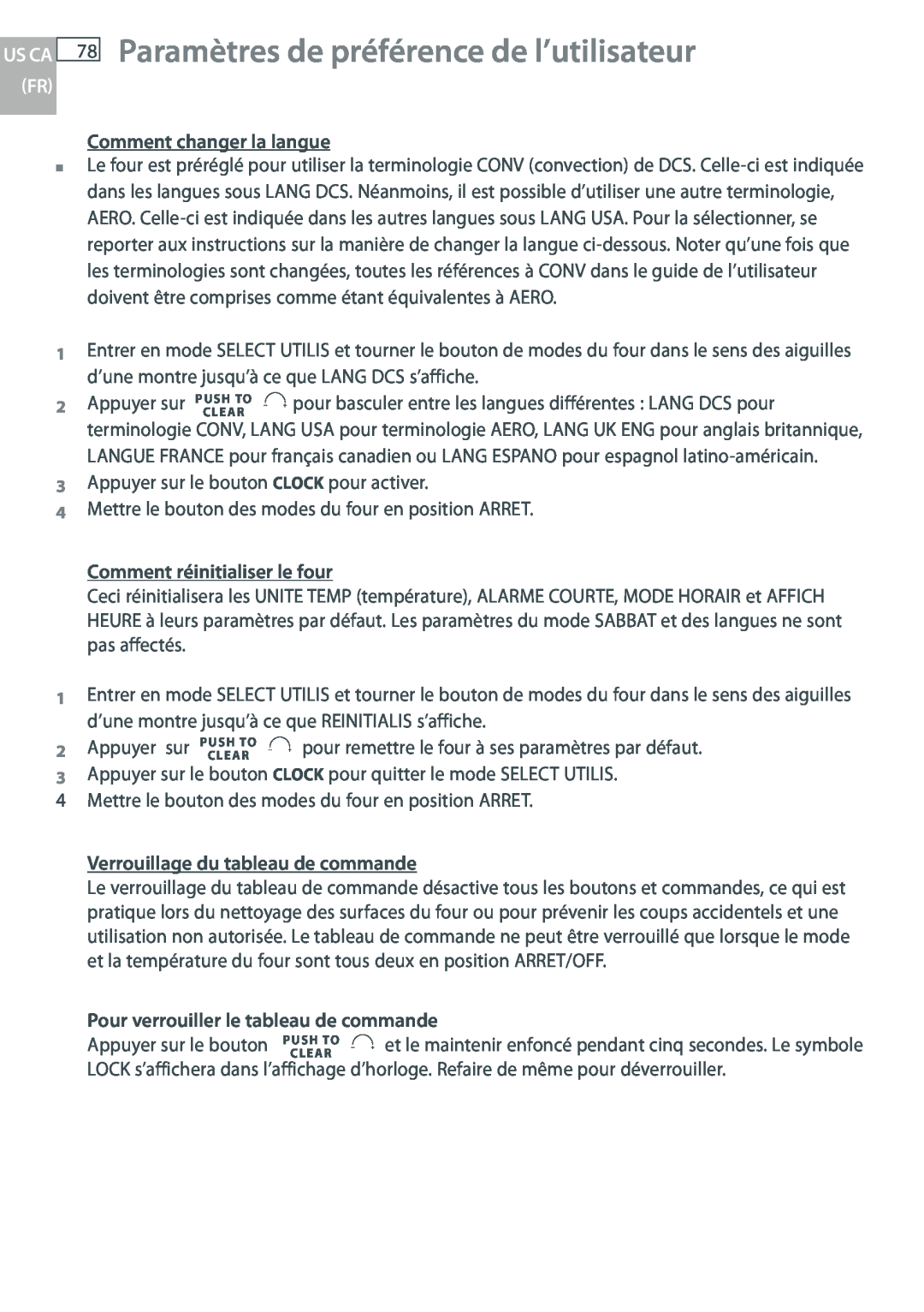 DCS WOUD-230, WOU-130 manual Paramètres de préférence de l’utilisateur, Us Ca Fr, Comment changer la langue, Appuyer sur 