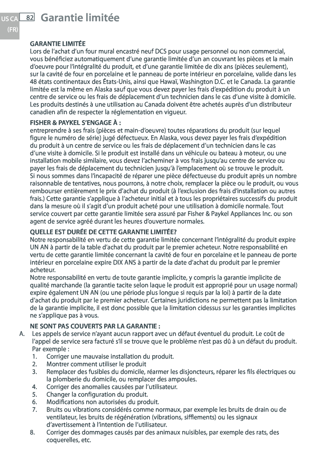 DCS WOUD-230, WOU-130 manual Garantie limitée, Us Ca Fr, Garantie Limitée, Fisher & Paykel S’Engage À 