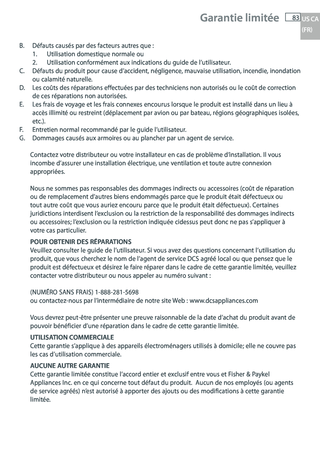 DCS WOU-130, WOUD-230 manual Garantie limitée, Pour Obtenir Des Réparations, Utilisation Commerciale, Aucune Autre Garantie 