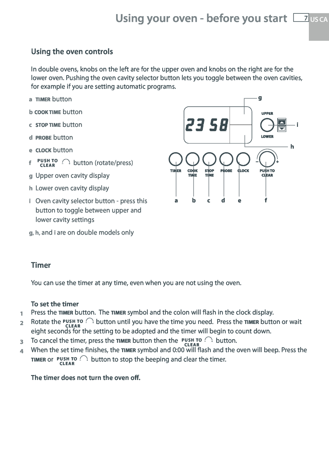 DCS WOU-130 manual Using your oven - before you start, Using the oven controls, Timer, Lower oven cavity display, button 