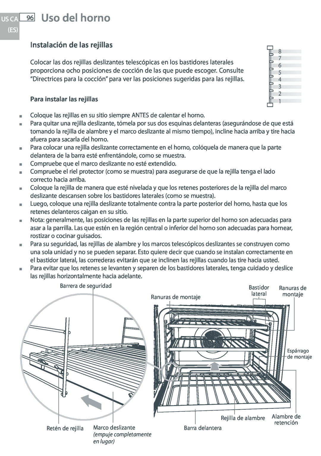 DCS WOUD-230, WOU-130 manual Uso del horno, Instalación de las rejillas, Para instalar las rejillas 