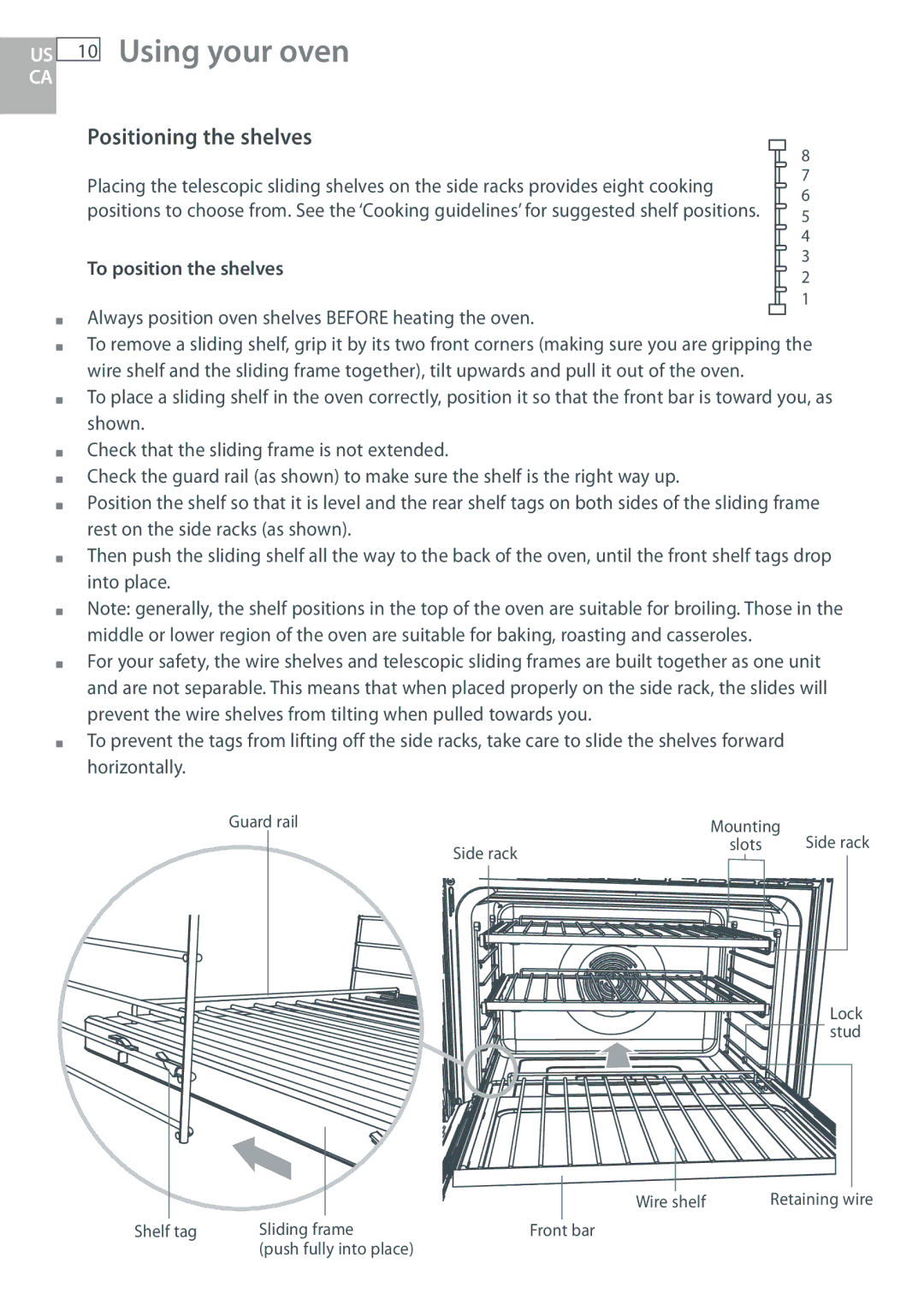 DCS WOUD230, WOU130, WOSU30, WODU30 manual Using your oven, Positioning the shelves, To position the shelves 