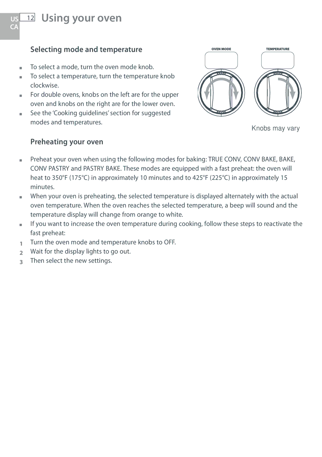 DCS WOSU30, WOUD230, WOU130, WODU30 manual Selecting mode and temperature, Preheating your oven 